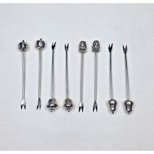 Set Of‎ 6 Silver Fruit Topped Hors d'oeuvre Forks Cocktail Picks Olive Bar Metal